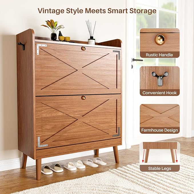 YZ HOME Shoe Storage Cabinet with 2 Flip Drawers | Entryway Shoe Cabinet, Metal Hooks & Adjustable Shelves, Freestanding Narrow Shoe Rack for Hallway Foyer, Walnut