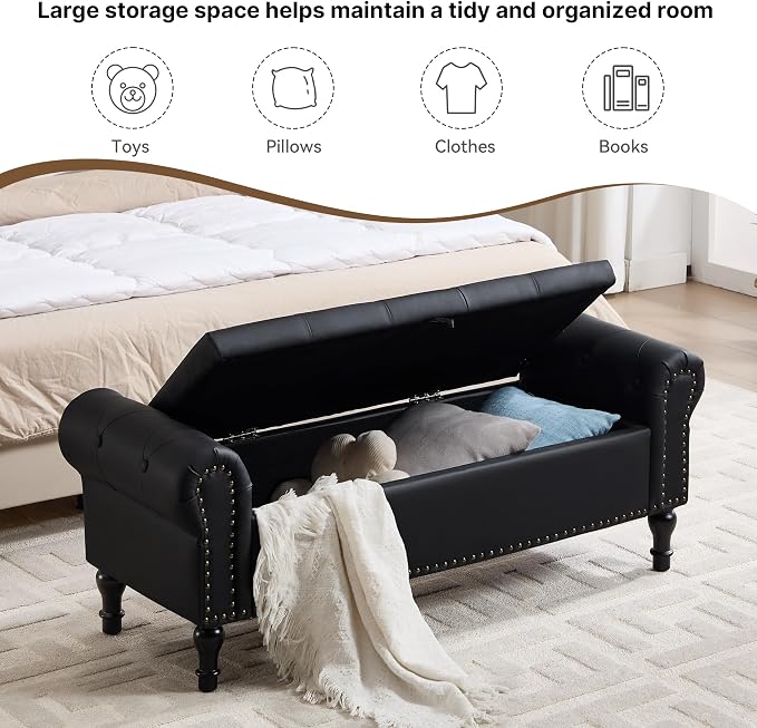 Storage Bench for Bedroom, 51" Upholstered End of Bed Bench, Faux Leather Queen Size Benches with Rolled Arms, Tufted Button Storage Long Ottoman, Living Room, Entryway, Obsidian Black