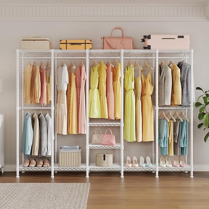 Higeego H5 Clothing Rack for Hanging Clothes, Heavy Duty Closet Rack, White | Large Garment Rack, 93.3"Wx15.7"Dx75.4"H, Freestanding Wardrobe Closet, with Adjustable Shelf, Load 1400 lbs