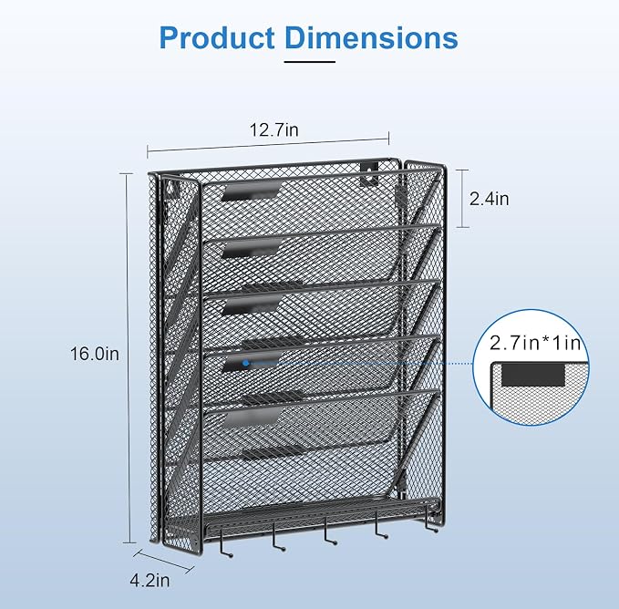 OUTWOLF Hanging Wall File Organizer with Hooks, 6 Tier Vertical Wall Mount File Holder, Paper Document Mail Organizer for Office