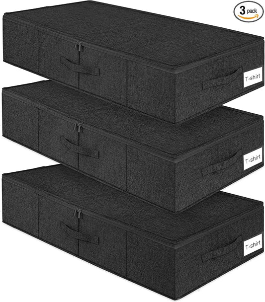 Under Bed Storage Container, 3 Pack Underbed Storage Bags With Lid, Foldable Sturdy Clothes Storage Organizer W/ 3 Handles, Ultra Thick Fabric Blanket Shoe Storage Box, 30x15x6.7inch, Black, 50L | Sturdy Sides and Bottom wieh Ultra-Thick Fabric and 3 H...