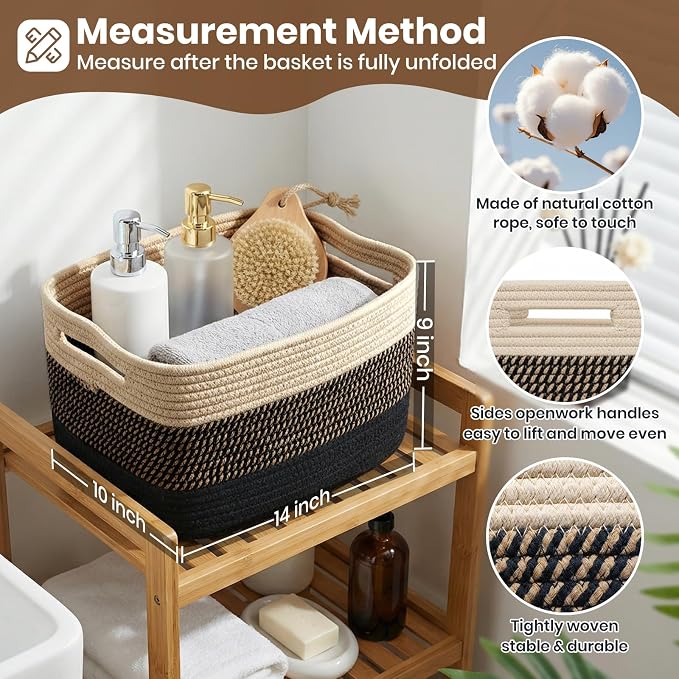 Storage Baskets for Organizing, 14 x 10 x 9” Closet Shelf Woven Baskets, Square Bins with Handles, Cotton Rope Basket for Clothes, Office, Room, Black+Brown 1Pack