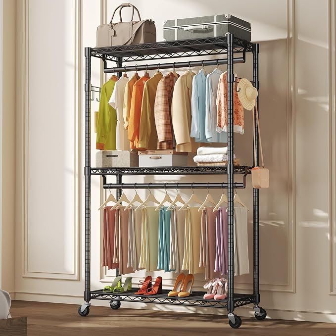 OLIXIS Rolling Clothes Rack, Heavy Duty Garment Rack, 47 IN, Black | Adjustable Closet Organizer for Hanging Clothes, Portable Closet with 2 Side Hooks