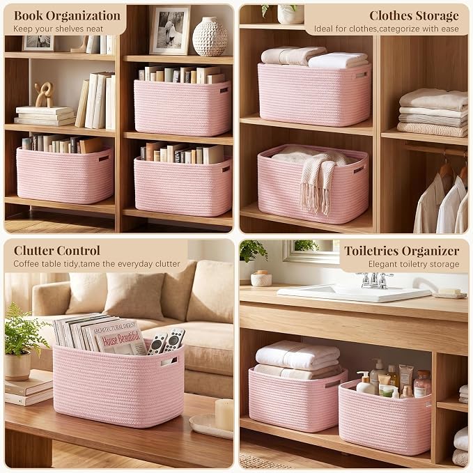 OIASKET 4Packs Natural Cotton Rope Storage Baskets for Organizing Toys, Clothes, Towels & Books, Soft Versatile Organizers for Shelves, Home Decorative Bins, 13''Lx9''Wx7.8''H, Pink