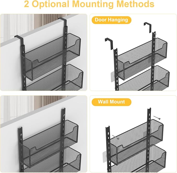 VyGrow Over the Door Organizer, 8-Tier Pantry Organizer with Fully Enclosed Mesh Baskets, Heavy-Duty Metal Hanging Spice Rack for Kitchen Bathroom Laundry Room, 2-in-1 Wall Mount or Door Mount, Black