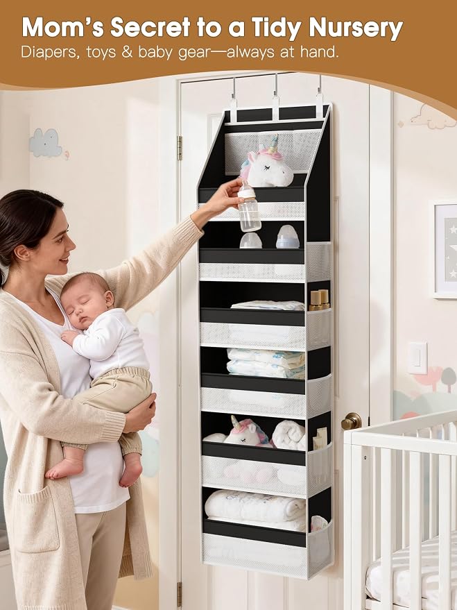 Criusia Over the Door Organizer, Heavy-Duty 6-Shelf Hanging Storage with 13 Mesh Pockets, 55lbs Capacity Behind the Door Storage for Nursery, Bathroom, Bedroom, and Dorm, Black