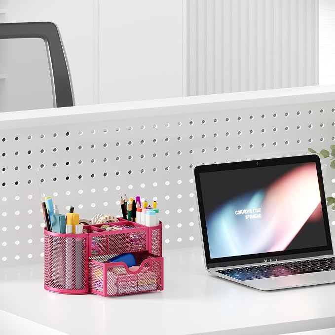 EasyPAG Mesh Pen Holder Desk Organizer with Drawer Stationery Supplies Organizer for Dorm School 9 Compartments Workspace Desk Accessories Organization for Office, Hot Pink