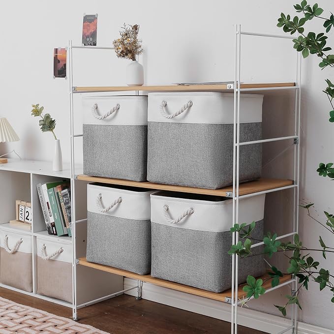 MidmmVick 13 x 13 Inch Cube Storage Bins, 6 Pack Extra Large Collapsible Fabric Storage Bin with Ropes, Foldable Storage Cubes for Home (White & Grey-13"x13"x13")