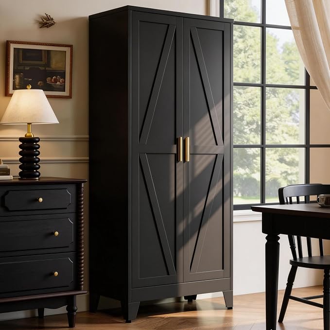 71" H Black Metal Storage Cabinets,Garage Storage Cabinet,Tall Pantry Cabinet with Doors,Kitchen Food Storage Cabinet,Farmhouse Storage Cabinets for Kitchen, Dining Room