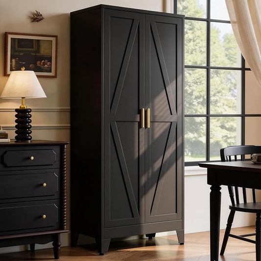 71" H Black Metal Storage Cabinets,Garage Storage Cabinet,Tall Pantry Cabinet with Doors,Kitchen Food Storage Cabinet,Farmhouse Storage Cabinets for Kitchen, Dining Room
