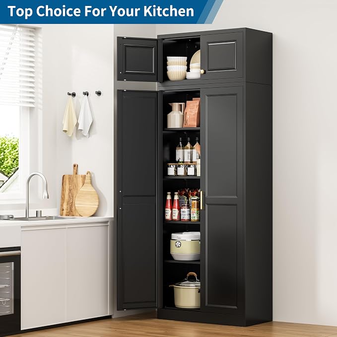 86" Tall Black Metal Storage Cabinet with Doors (2 Boxes) | Freestanding Heavy Duty Steel Kitchen Pantry Cabinet, 4 Adjustable Shelves, Extra Large Cupboard for Home, Office and Garage