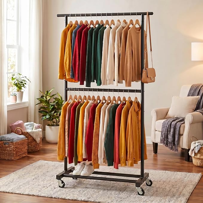 Sywhitta Double Rod Metal Clothing Garment Rack on Wheels, Black | Rolling Clothes Organizer, for Hanging Clothes,Coats,Easy to Assemble,Space-Saving,Mobile Organizer for Closet