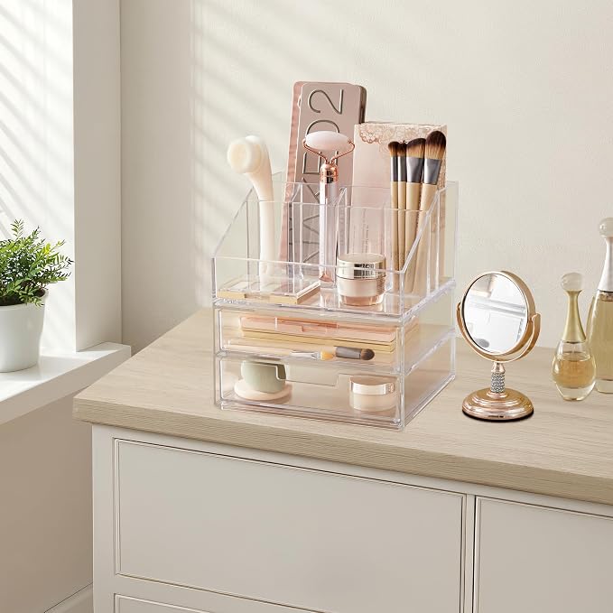 STORi Stackable Desk and Drawer Organizer, Clear Pen Pencil Makeup Brush Holder for Desktops and Vanities, 6 Compartment Caddy with 2 Wide Drawers (Made in USA)