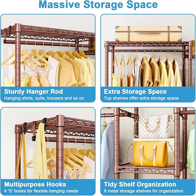 Ulif E4 Clothes Rack, Heavy-Duty Garment Rack Can Be L-Shaped Closet System | Bronze Metal Freestanding Clothing Organizer Storage System with Shelves and Hangers, Load 962lbs, 71.6"W x 14.5"D x 79.3"H