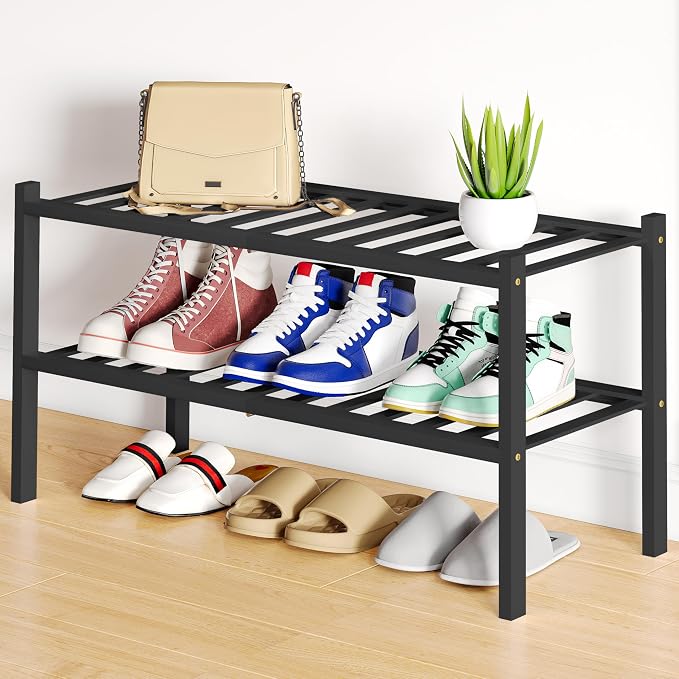 Smiry Bamboo Shoe Rack, 12 Vertical Slats, 2 Tier - 26.8" Wide, Black | Stackable Free Standing Wooden Shoe Organizer, Wood Shoe Storage Shelf for Closet, Entryway