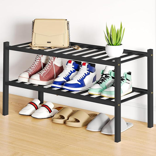 Smiry Bamboo Shoe Rack, 12 Vertical Slats, 2 Tier - 26.8" Wide, Black | Stackable Free Standing Wooden Shoe Organizer, Wood Shoe Storage Shelf for Closet, Entryway