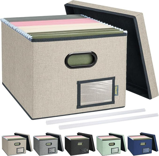 BALEINE File Organizer Box with Lid, Collapsible File Folder Organizer with Plastic Slide, Filing Box for Office Home Document Organizer Storage (Beige, 1PK)