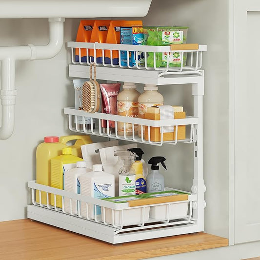Under Sink Organizer and Storage for Bathroom and Kitchen - 1 Pack 3 Tier Under Cabinet Pull Out Shelf Organizers - Slide Out Drawer Organization for Home Cabinets Shelves and Drawers