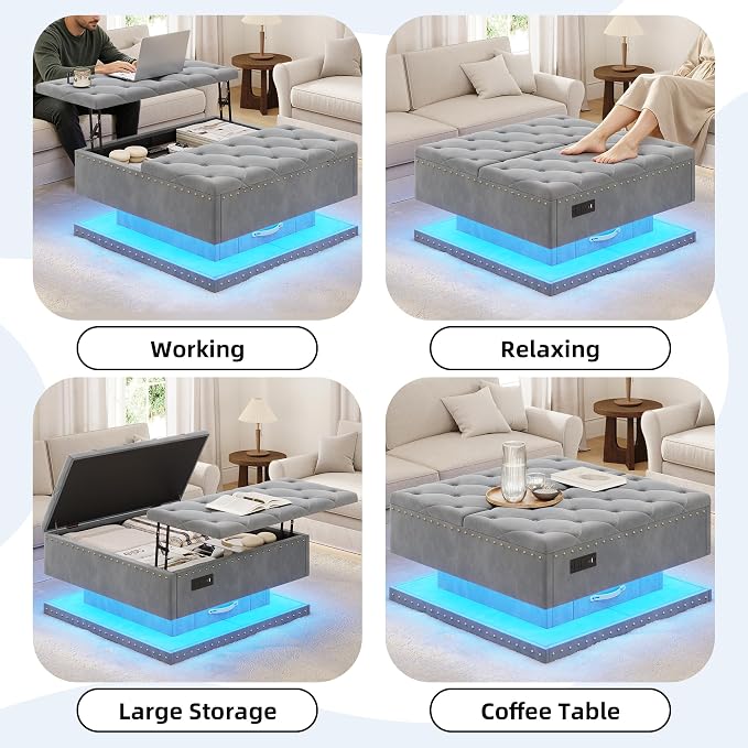 Large Square Ottoman with Storage, Square Storage Ottoman Coffee Table | Coffee Table Storage Ottoman Bench with Lift Top and Two Tier Drawers, LED Ottoman Bench with Charging Station, Gray