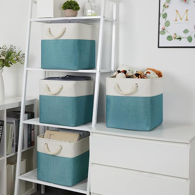 Temary Cubes Storage Baskets 12 Inch Cube Storage Bins for Shelf, Fabric Storage Cubes for Gift Empty Baskets for Home, Collapsable Box Basket for Storage (White&Teal)