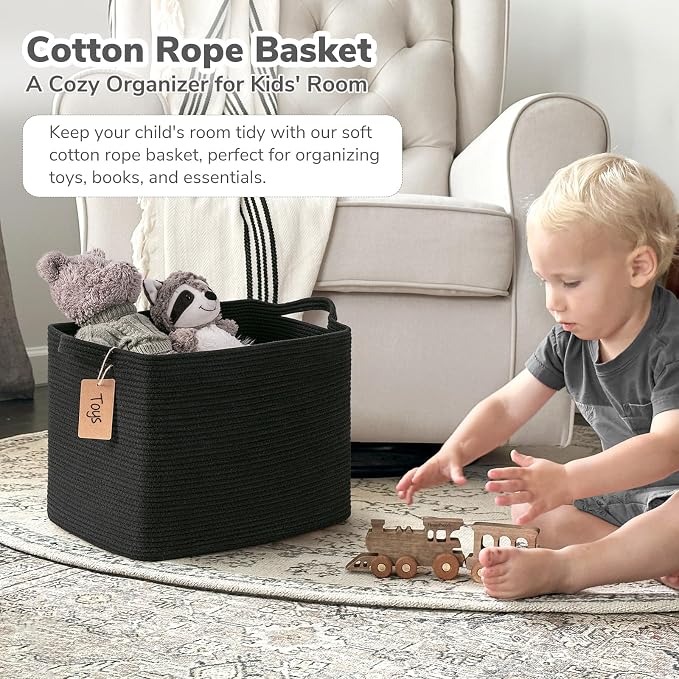 Goodpick Large Rectangle Cotton Rope Basket with Handles, Black | 50L, 18 × 14 × 12 in, Soft Woven, Blankets, Toys & Home Essentials Storage, Living Room, Bedroom & Nursery Organization