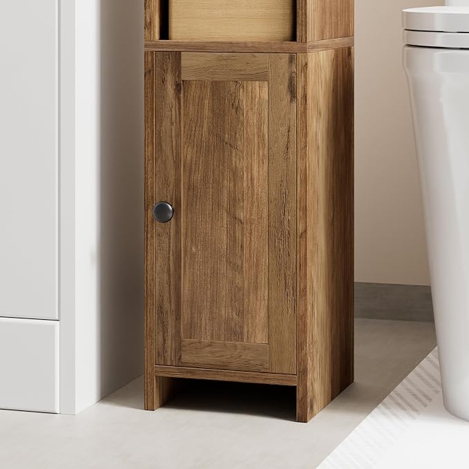 Homhedy Small Bathroom Storage Cabinet, Narrow Toilet Paper Cabinet | Corner Floor Cabinet with Door and Shelves, Slim Bathroom Cabinet for Small Spaces, 7.9" D x 7.1" W x 31" H, Rustic Walnut