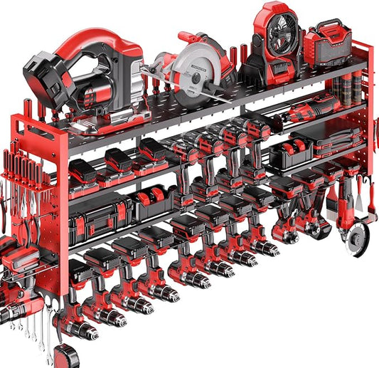 49.8" Power Tool Organizer Wall Mount,Holds 18 Cordless Drills | Large 4-Tier Tool Storage Rack, Heavy Duty 450 lb Load Capacity for Garage Workshop, Black, Gift for Men