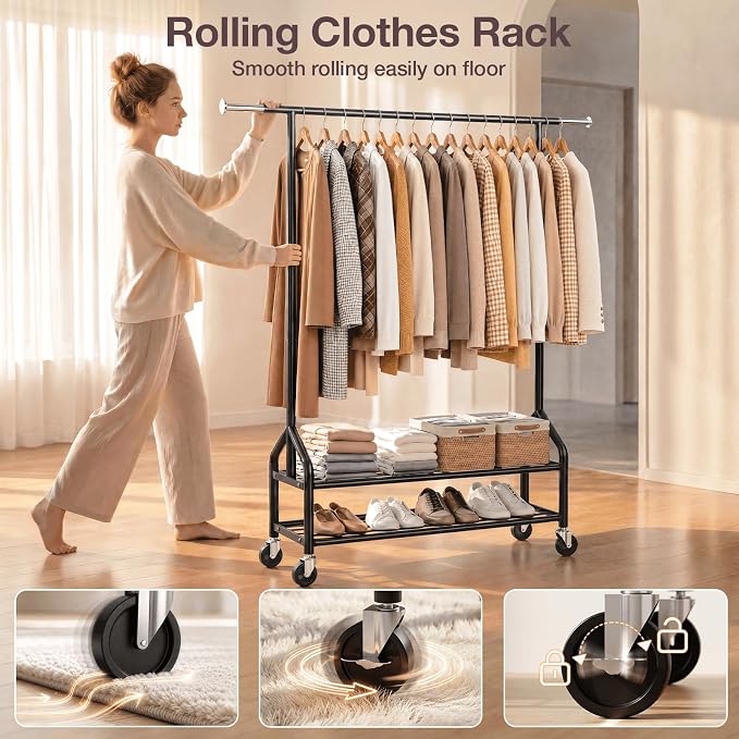 Heavy Duty Clothes Rack, Rolling Clothing Rack Load 650 LBS for Hanging Clothes with 2 Sturdy Shelves, Metal Garment Rack with Wheels for Bedroom, Laundry Room, Retail Store, Black, Large