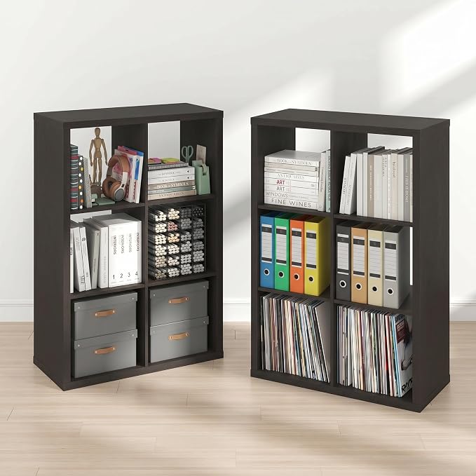 Furinno Cubicle Book Shelf Set of 2, 6-Cube Bookshelf, Black Dark Oak | 14.6 x 43.8 x 30, 1.2" Thick, Horizontal & Vertical Reversible Bookcase with Open Back, for Living Room, Bedroom, Home Office