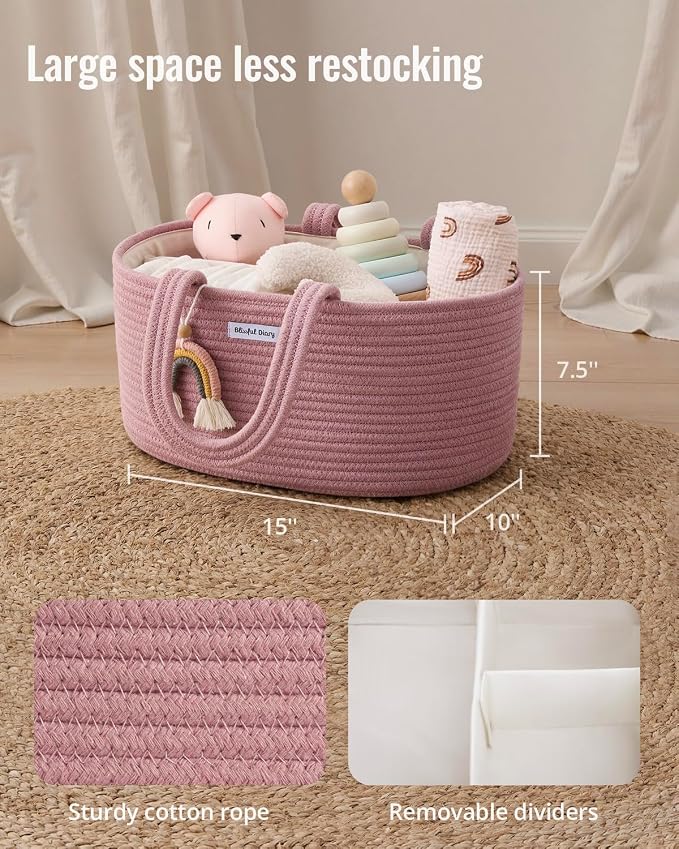 Blissful Diary Baby Diaper Caddy Organizer, Cotton Rope Diaper Caddy Basket, Oval Storage Basket, Gift for Baby Shower, Newborn Essentials, Pink