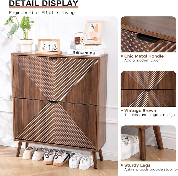 oakvivo Shoe Cabinet Storage, Farmhouse Freestanding Organizer with 2 Flip Drawers and 4 Wooden feet, Narrow Shoe Rack Cabinet for Entryway, Foyer, Hallway, Walnut