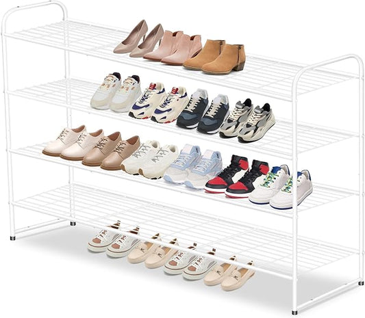 AOODA 4 Tier Long Metal Shoe Rack for Closet Wide Stackable Shoe Storage Organizer for Entryway, Bedroom, Floor, Holds 30 Pairs Men Sneakers Large Boot Shelf with Wire Grid, White