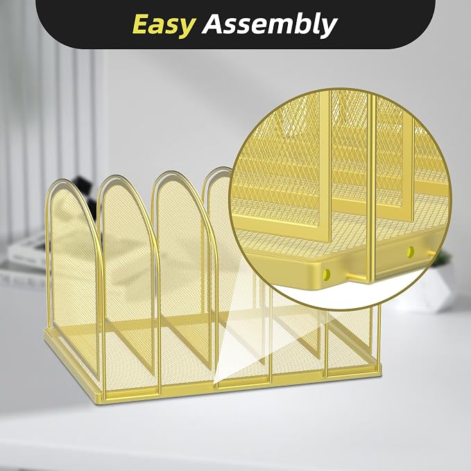 SUPEASY 5-Section File Organizer for Desk, Metal File Folder Holder, Gold | 5 Vertical Compartments with Sturdy Metal Base for Office Documents Books Magazines and Laptop