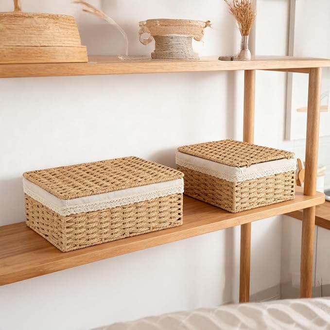 Nonam Large Basket with Lid set of 3, Rattan Divided Baskets Organizer for Shelf, Natural Wicker Storage Basket Bins for Closet, Boho Shelf Decor Covered Basket Home Storage Container
