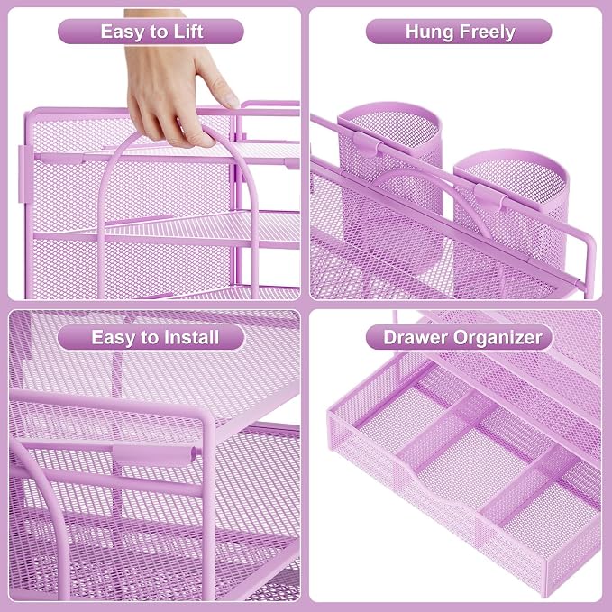 Marbrasse Desk Organizer, 4-Tier Paper File Letter Tray, Purple-2P | Sturdy Paper Tray, File Holder, Built-in Drawer, 2 Pen Slots, fits Letters/Files, for School Home Office Supplies