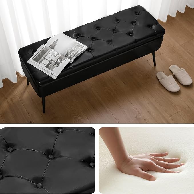 kinmars Leather Storage Ottoman Bench, End of Bed Bench with Steel Legs | Black Leather Button Tufted Design | 660 lb Capacity | Safety Hinges | Mid-Century Modern Style | Bedroom & Entryway