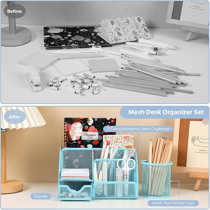 SKYDUE Blue Office Supplies Set, Office Desk Accessories, Mesh Desk Organizer, Stapler, Tape Dispenser, Scissors, Binder/Paper Clips and 1000pcs Staples, Office Supplies for Teacher, Gifts