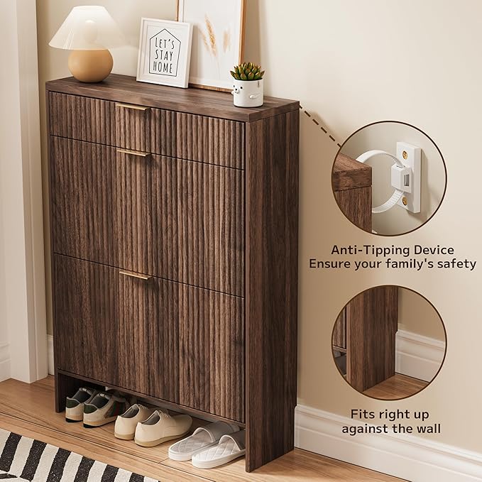 Fluted Shoe Cabinet Storage with 2 Flip Drawers & 1 Drawers, Wood Narrow Hidden Shoe Cabinet for Entryway, Freestanding Slim Shoe Rack Organizer for Foyer Hallway Living Room(Walnut)