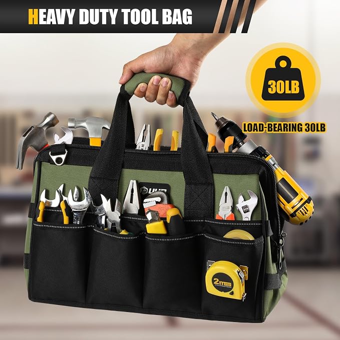 UUP Heavy Duty Tool Bag 15Inch, 16-Pocket Portable Empty Tool Box Organizer | Big Storage Toolbox Organization, Soft Handle Large Zipper Carrying Toolbag, Father Day Gifts for Him Dad Men, Green