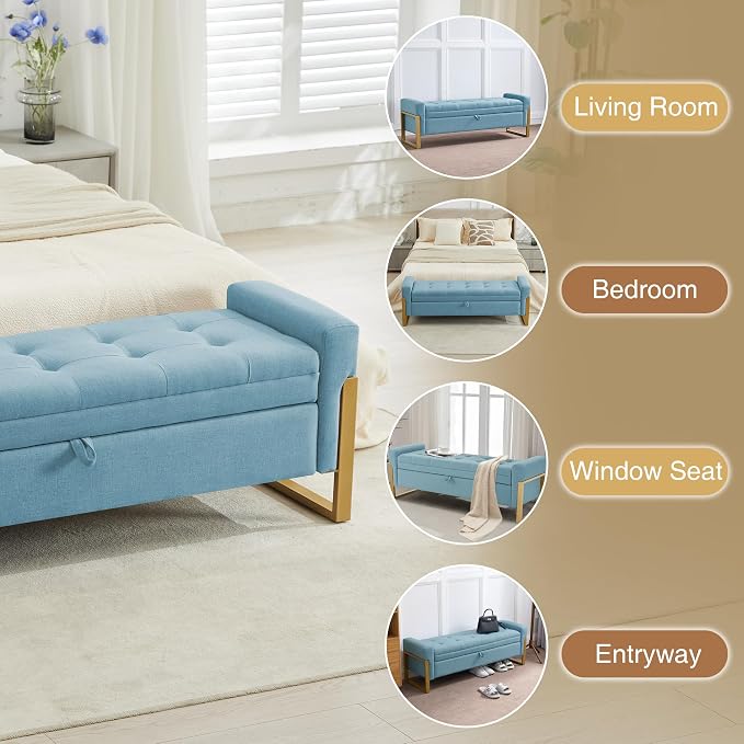 adochr 57" Storage Ottoman Bench, Upholstered End of Bed Bench, Light Blue | Metal Legs & Button-Tufted, Linen Ottoman with Storage 500 lb Capacity for Living Room, Bedroom, Entryway