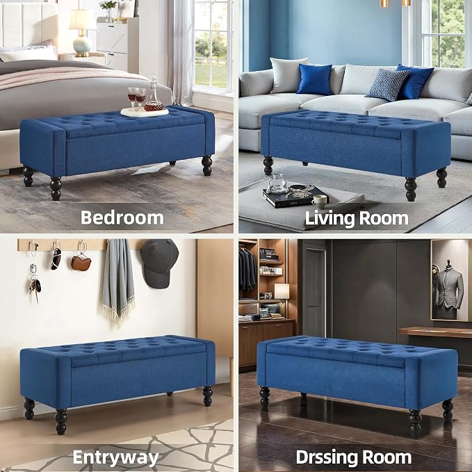 50" W Storage Ottoman Bench with Safety Hinge, Load up to 660 lb Ottoman with Storage, Upholstered Tufted Entryway Bench with Seating for Living Room, Bedroom, Entryway, Blue
