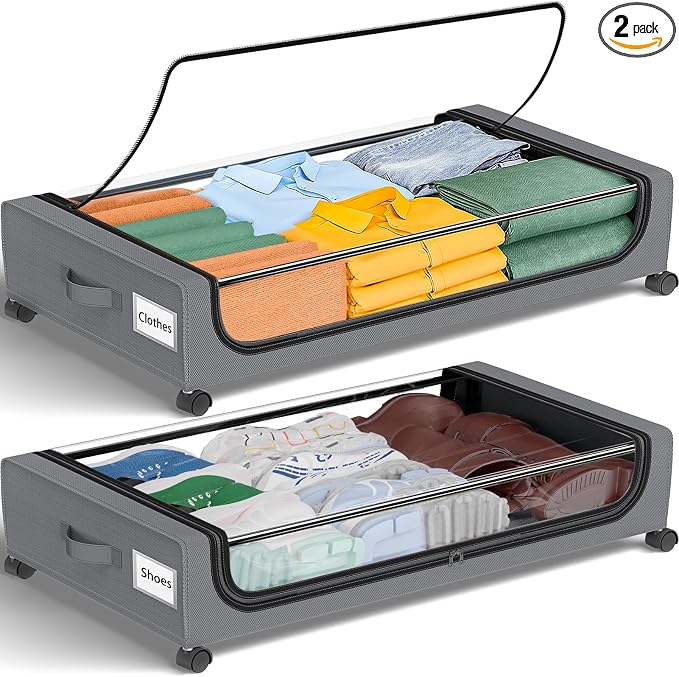 GoMaihe Under Bed Storage with Wheels 48L Grey 2-Pack | Rolling Bins for Shoes Clothes in Dorm Bedroom - Metal Drawers Easy Pull-out