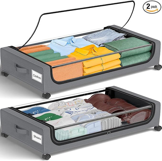 GoMaihe Under Bed Storage with Wheels 48L Grey 2-Pack | Rolling Bins for Shoes Clothes in Dorm Bedroom - Metal Drawers Easy Pull-out