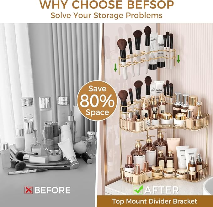 BEFSOP Corner Bathroom Counter Organizer, Upgraded 2-Tier Makeup Organizer Countertop with Makeup Brush Holder, Skincare Exquisite Vanity Organizers Countertop Bathroom Storage Dresser(GOLD)