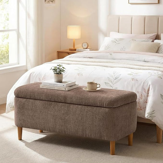 39.4" Ottoman with Storage Upholstered Storage Bench for Living Room | Modern Fabric End of Bed Bench Footstool with Wooden Legs Ottoman Bench for Window Hallway Entryway Bedroom Brown
