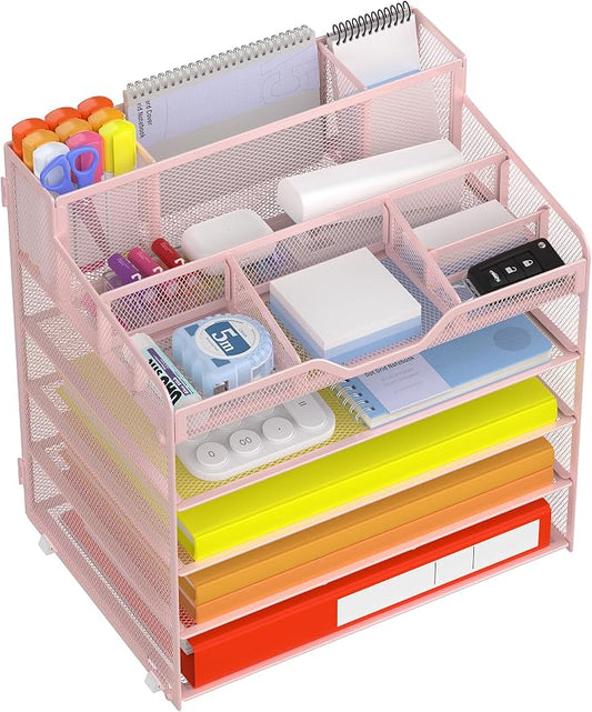 Docnest 5 Tier Mesh Desk Organizer with Letter Tray & Paper Sorter, Pink | Features 3 built-in pen holders & 5 adjustable compartments on top. Includes 4 non-slip rubber feet for desk protection