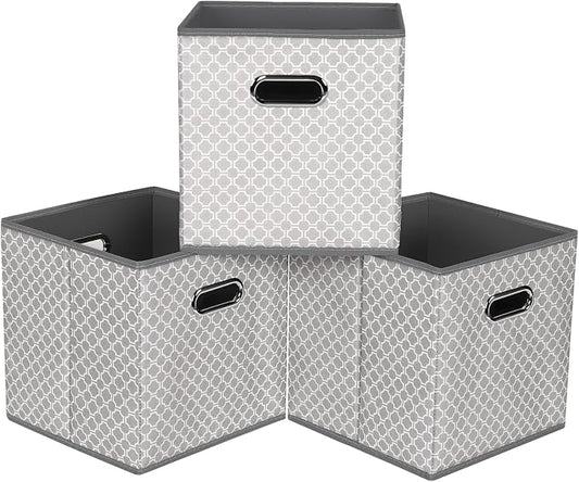 Fabric storage bins Cubes, Fabric Cube Organizer with Handle, Foldable Cube Bins for Cloth or Accessary Storage, 11x11x11, Set of 3, (Light Grey)
