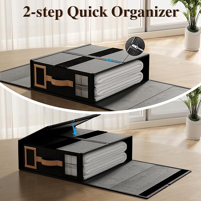 4 Pack Foldable Bed Sheets Set Organizers and Storage(King & Queen Size),Linen Fabric Closet Organizers with Window,Folding Bedding Storage Box for Bedsheets and Pillow Cube Organizer-Black