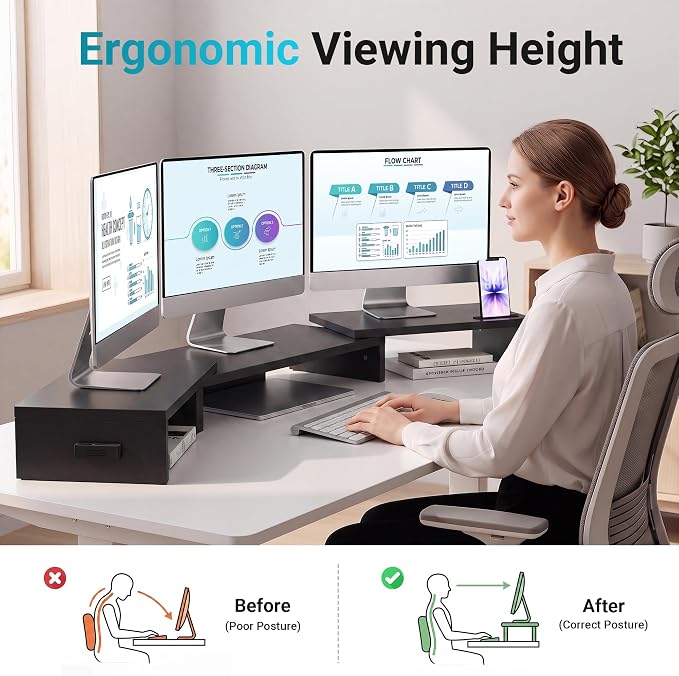 BONTEC Triple Monitor Stand Riser with Smartphone Holder, Black | Adjustable Length & Swivel Angle, Ergonomic Wooden Desktop Organizer for PC Monitor, Laptop, Printer, Large Storage, 53.3 in