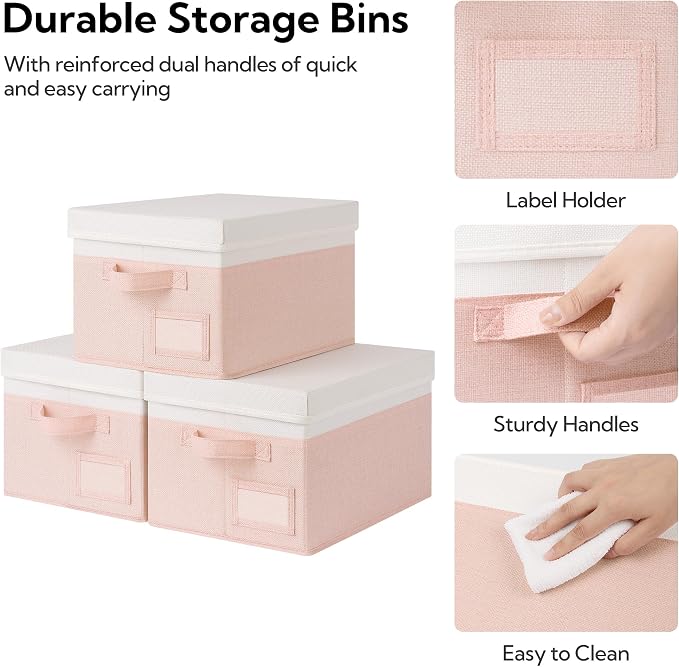 GRANNY SAYS Storage Bins with Lids, Storage Boxes for Organizing, Storage Baskets with Label, Closet Organizers and Storage, Storage Bins for Shelves, Decorative Storage Boxes, 3-Pack, Pink&Ivory
